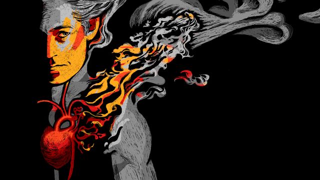 Dessin onirique représentant un homme de face, éclairé de moitié, le regard inquiet vers la droite, avec le cœur apparent qui brûle et laisse échapper une fumée noire. / Dessin de réverie qi montere un ome en face, maitië ecllerë, ergardant, tabutë, su la drete, o son qheur, ben vayabl, qi s'abrâze o eune feumée naire. / Tresadenn un huñvre a ziskouez un den a-dal, an hanter eus e fas a zo goulaouet, e sell ankeniet war an tu-dezhoù, gant e galon war-wel a losk hag a lak da vont mouget du.